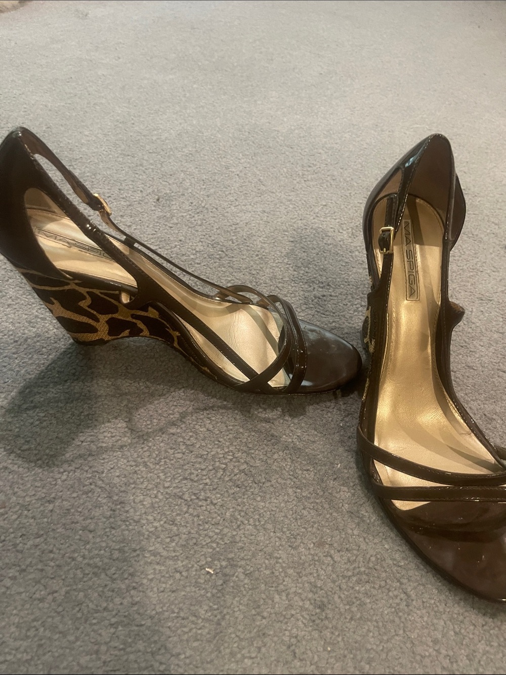 Via Spiga Brown Patent Wedge Sandals with Leopard-Print Heel